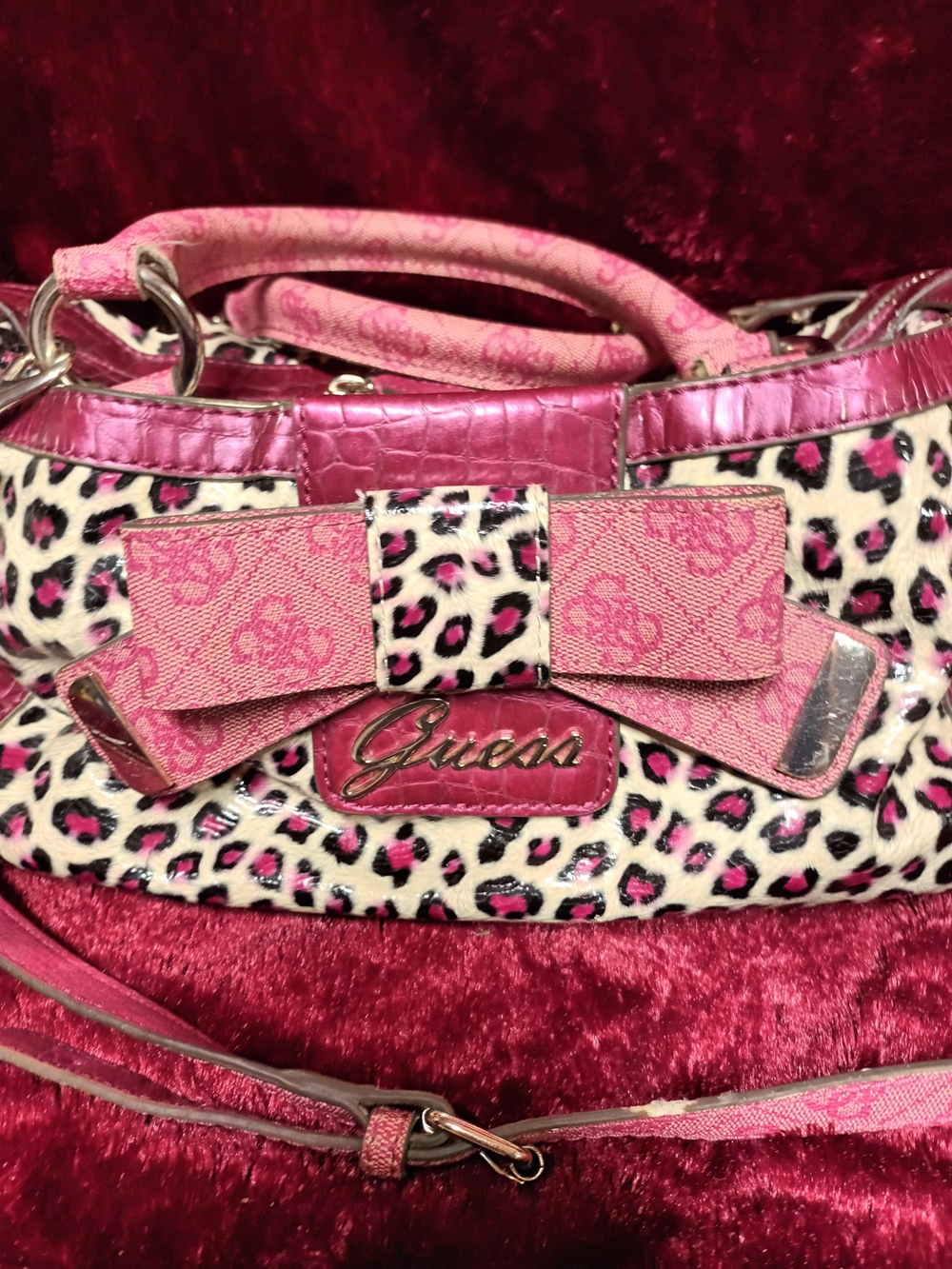 GUESS Pink Leopard Print Bow Accent Satchel